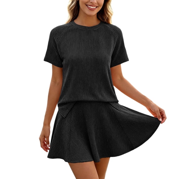 WAYUTE Shorts Sets for Women Seamless Knit Short Sleeve Solid Color Top with Pleated Skirt Casual Summer 2 Piece Matching Outfit Outfit Sets