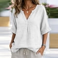 thumbnail image 2 of CaComMARK PI Linen Shirts for Women V Neck 3/4 Sleeve Loose Fit Cotton Tops Button Down Casual Dressy Clothes for Summer White, 2 of 7