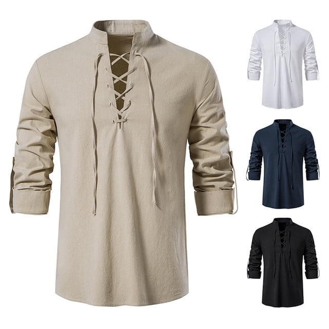 Camisa de manga larga para hombre,Camisa con cordones para hombre Camisa con cuello en V para hombre Camisa de color puro para hombre Instalación sin esfuerzo