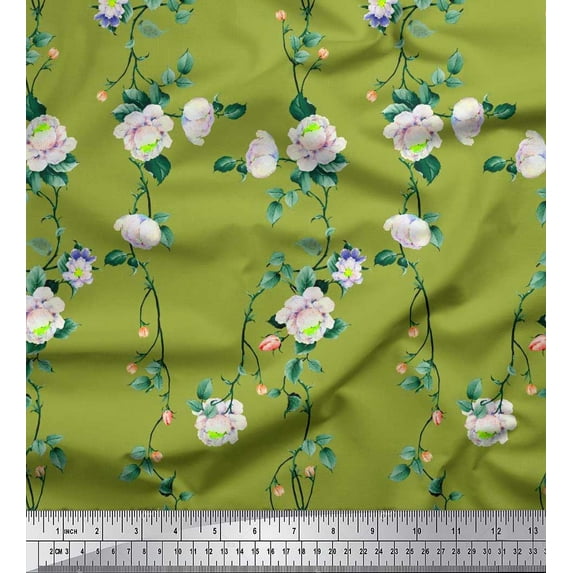 Soimoi Viscose Chiffon Fabric Leaves & Peony Floral Printed Craft Fabric by The Yard 42 Inch Wide
