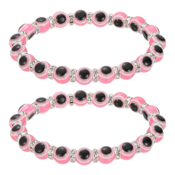 8mm Turkish Evil Eye Bracelets, 2 Pcs Good Luck Protection Beaded Stretch Bracelets Charm for Women Men Stackable Blessing Jewelry (Pink)