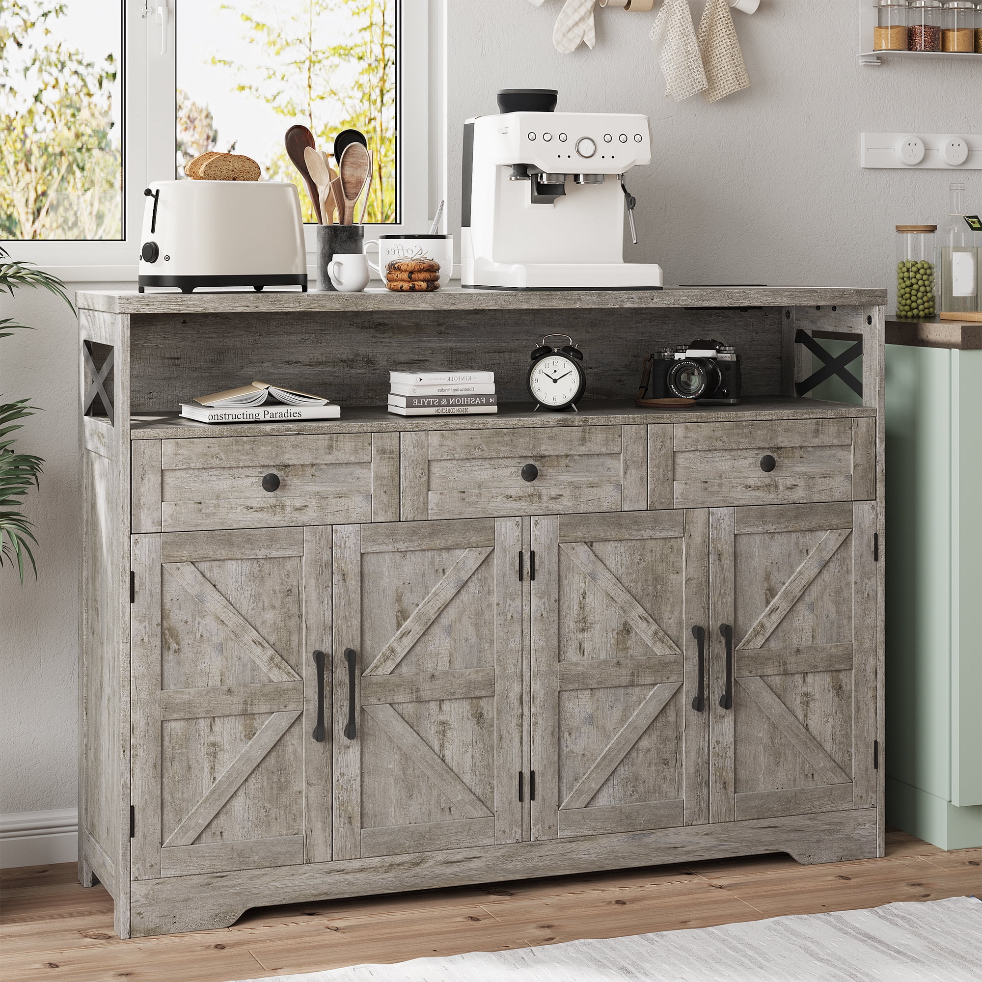 Veanerwood 52" L Farmhouse Buffet Cabinet with Drawers, Sideboard with Storage, Kitchen Pantry Cabinet Hutch for Kitchen, Dining Room, Livingroom, Grey