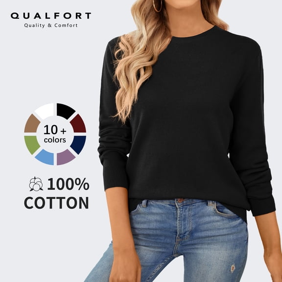 QUALFORT Women’s 100% Cotton Pullover Sweater, Crew Neck Long Sleeve Lightweight Sweater for Women, Soft Classic Solid Color Knit Top