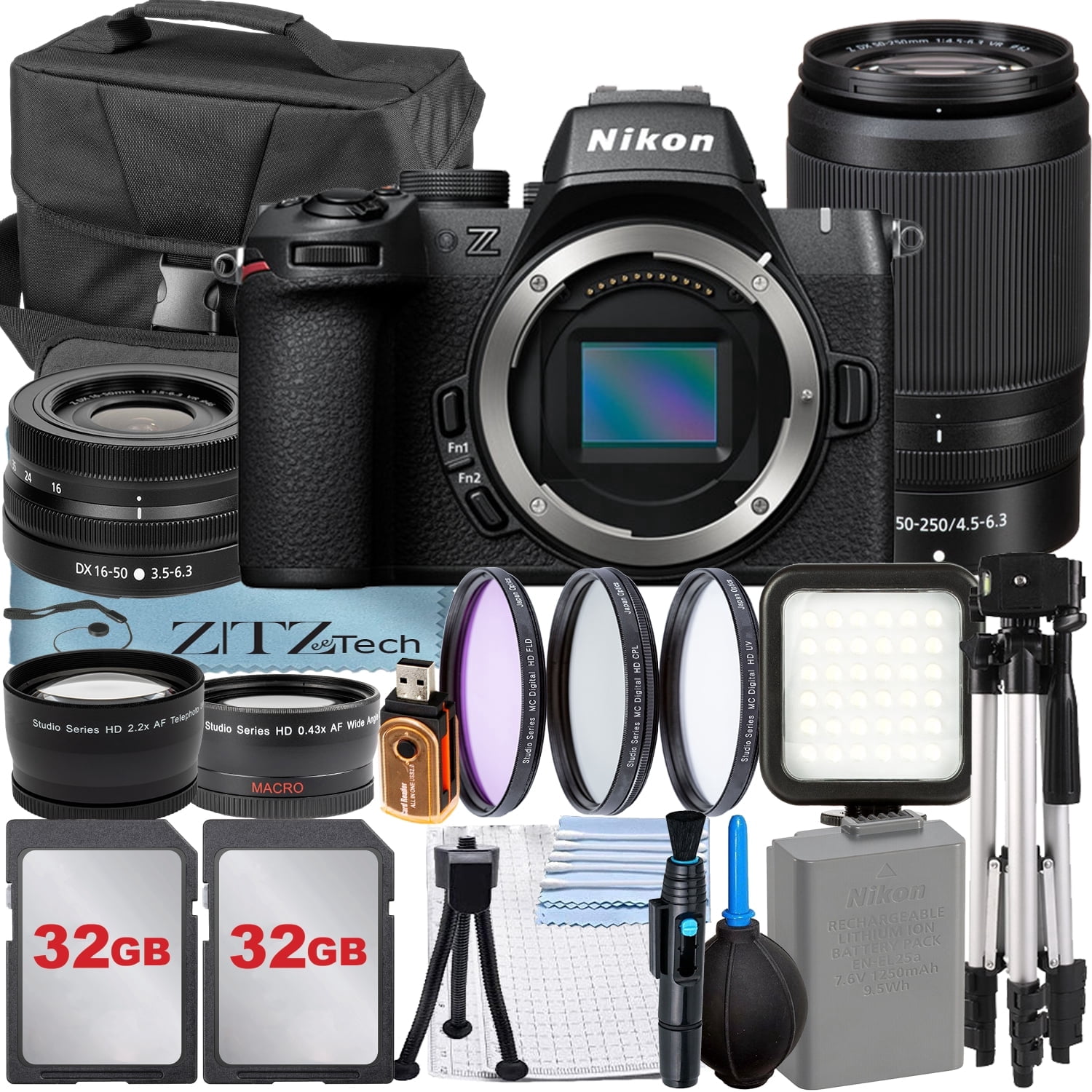 Nikon Z50 Camera Kit with 16-50mm Lens, 2x32GB Cards, Case, Tripod