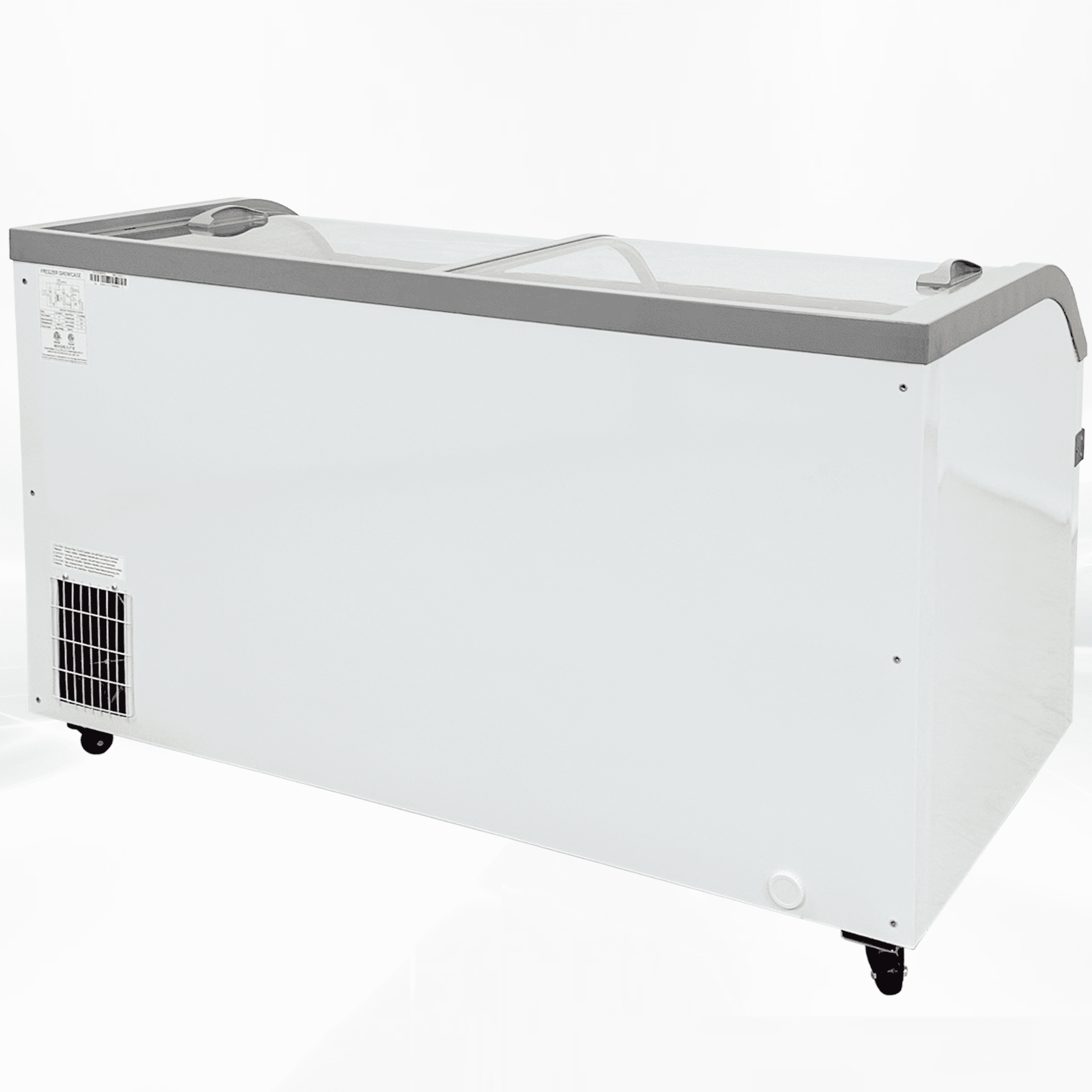 58" Commercial Chest Freezer with Curved Glass Sliding Doors, NSF Supermarket Display Freezer, LED Lighting, Grocery Island Freezer, Cooler Depot