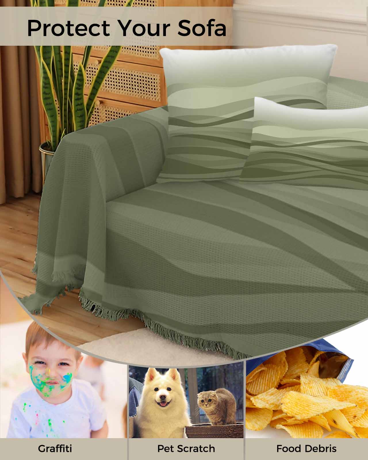 Coastal Sage Green Sofa Couch Covers for Dog,Washable Sectional Couch Slipcoverfor Loveseat with Tassels,Seawave Stripe Minimalist Ombre Art Non Slip Sofa Throw Cover Blanket Large 71''x102''