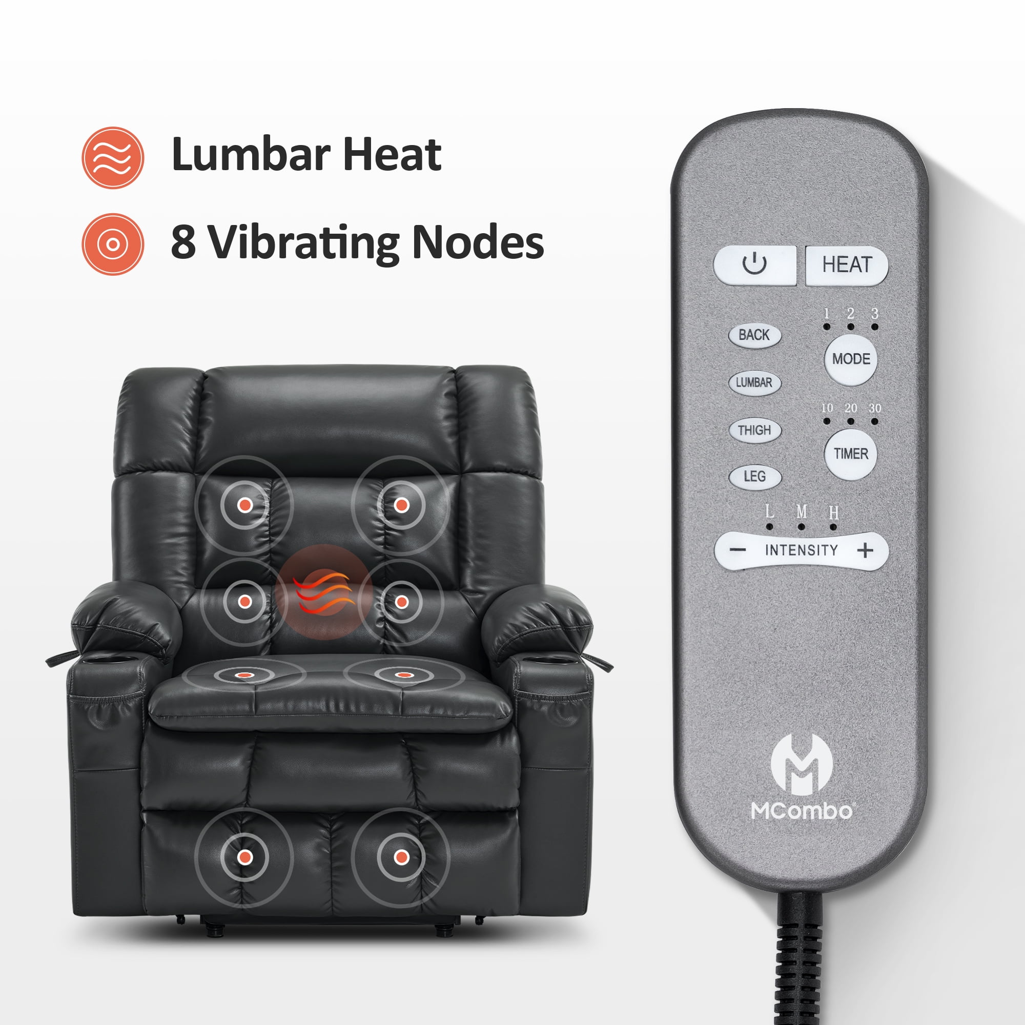 MCombo Small Dual Motor Power Lift Recliner Chair Sofa with Massage and Heat for Elderly People, Infinite Position, USB Ports, Faux Leather R7894 (Black, Small-Wide)