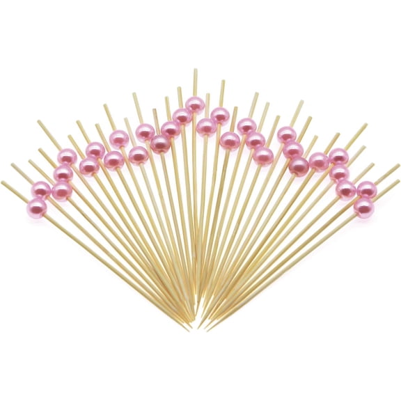 Pekkaxy 100 Pcs Pearl Cocktail Picks, 4.7 Inch Long Bamboo Fancy Toothpicks for Appetizers, Decorative Valentines Baby Shower Holiday Party Food Drink Garnish Fruit Skewer Sticks 100 Counts