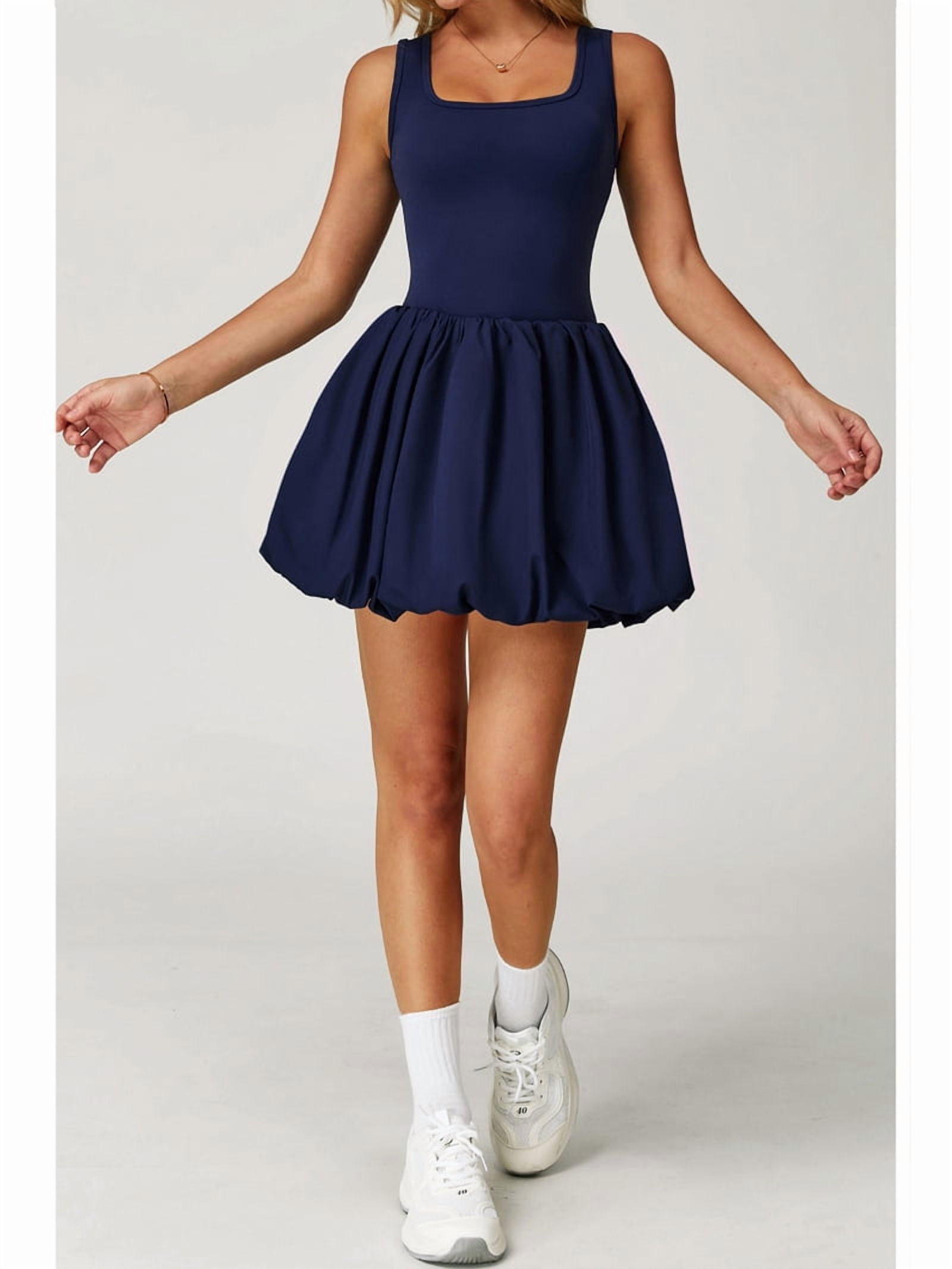 Womens Bubble Tennis Dress Squre Neck Sleeveless Workout Golf Athletic Dresses Build in Shorts with Pockets