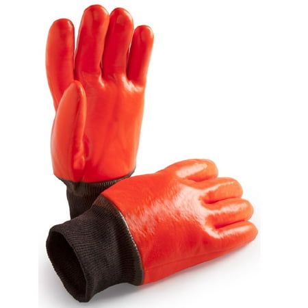 Dipped Nylon Gloves CD9050-L, Fleece and Foam Lined Florescent Orange PVC Dipped Glove, Extra Long Nylon Knitwrist ()