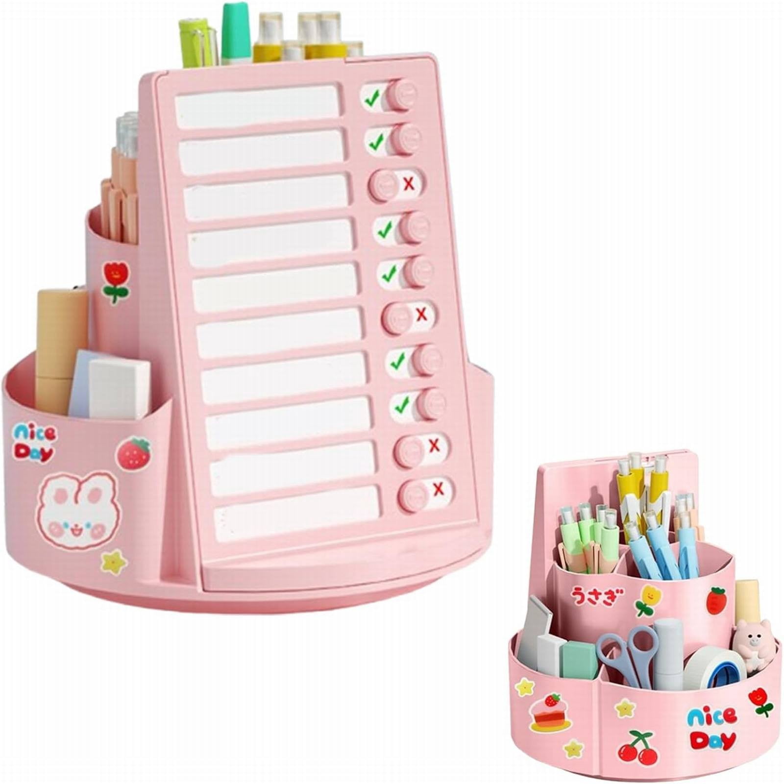 Rotating Desk Organizer with Multiple Compartments - Blue - Multifunctional 360° Rotating Pen Holder With Daily Schedule To Do List Checklist Board Rotating Pencil Cup With Stickers Cute Pencil Cup
