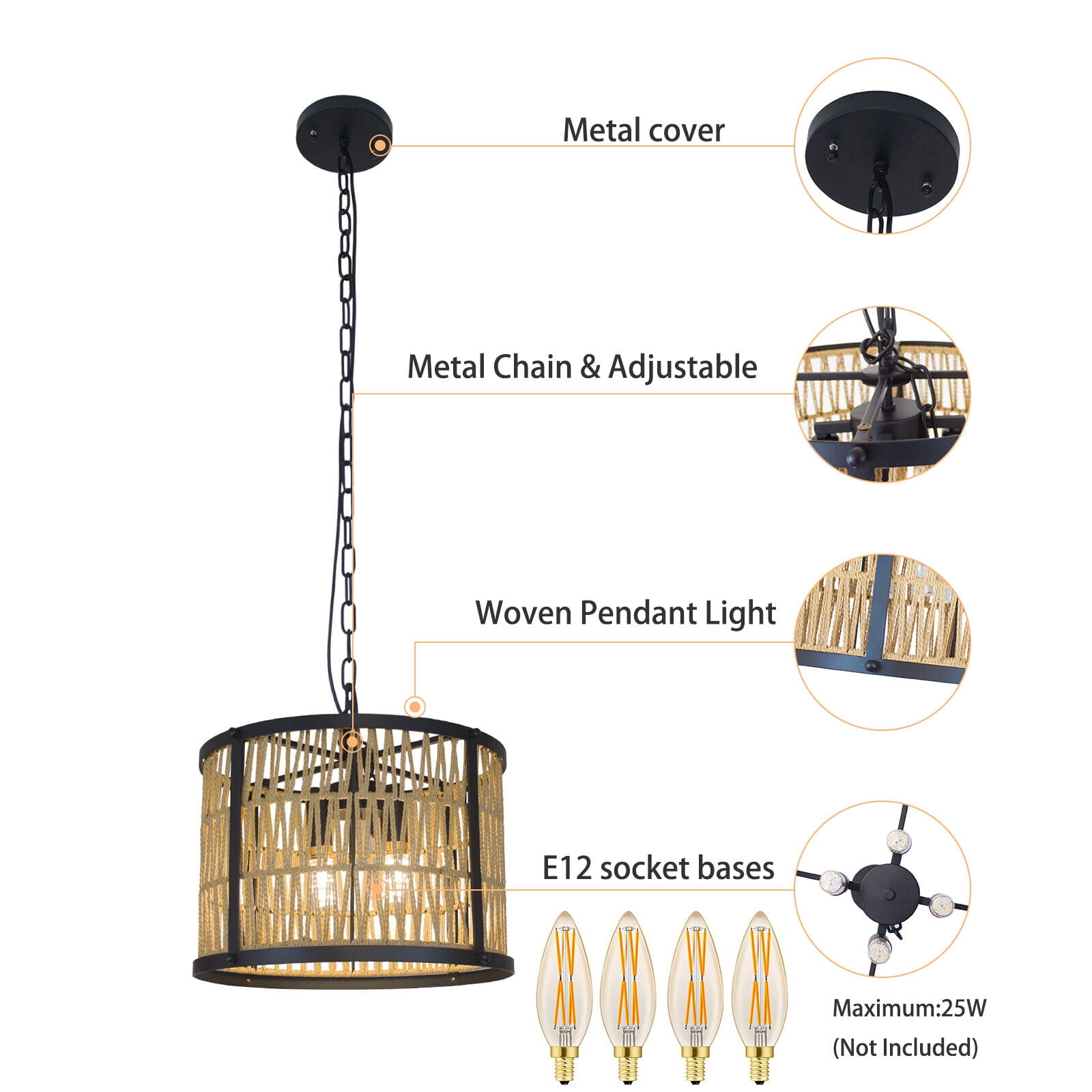 Farmhouse Rattan 4-Light Pendant Light E12 Black Chandeliers Light Fixture 110 V