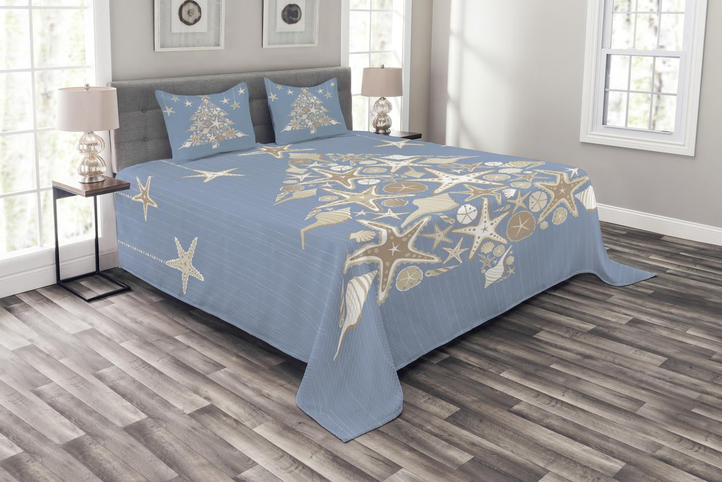 Christmas Bedspread Set, Nautical Elements Sea Life Theme with Noel