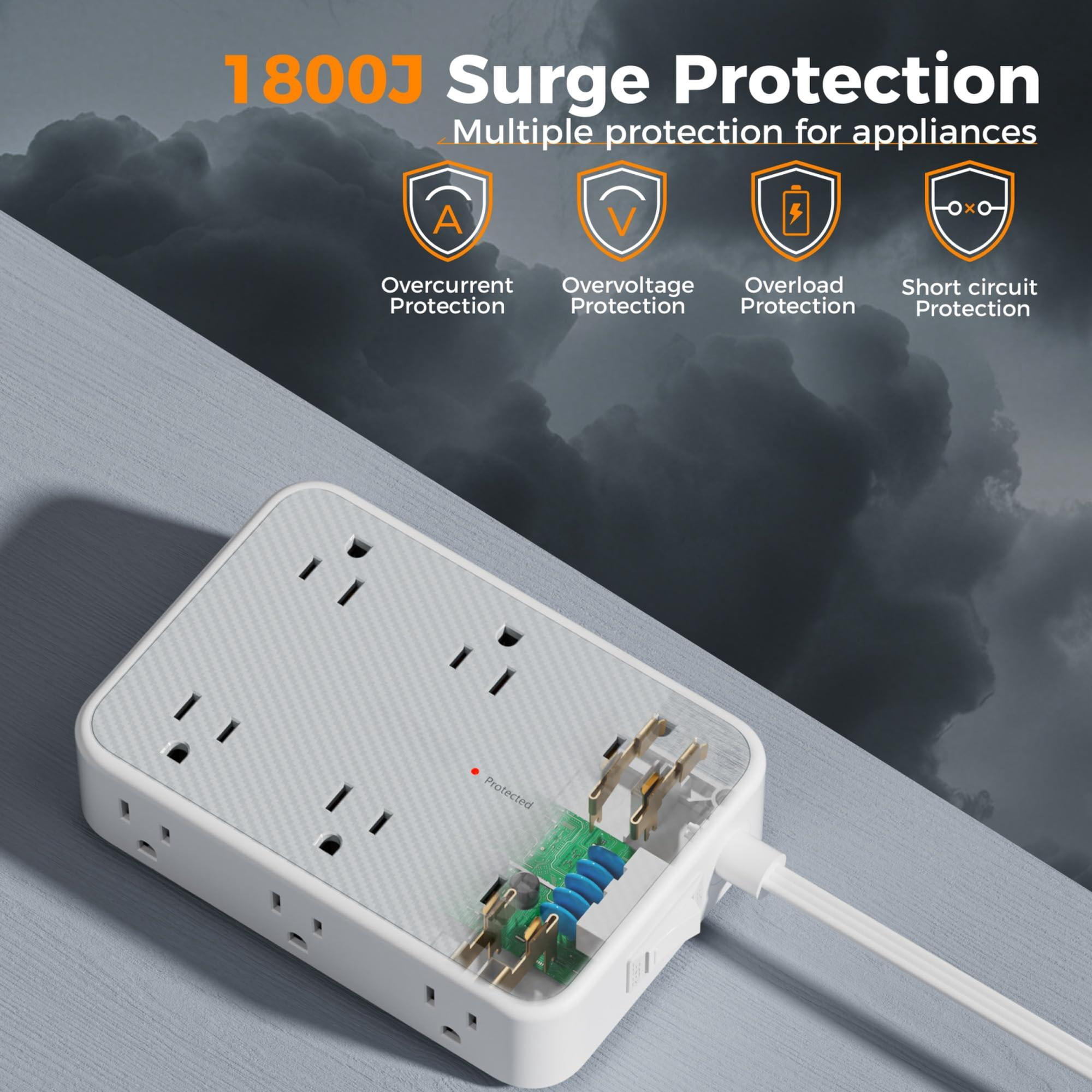 Surge Protector Power Strip  5ft Flat Extension Cord With Multiple Outlets 12 Outlet Extender 4 Usb (2 Usb-c) Plug 1800j Protection Office Dorm