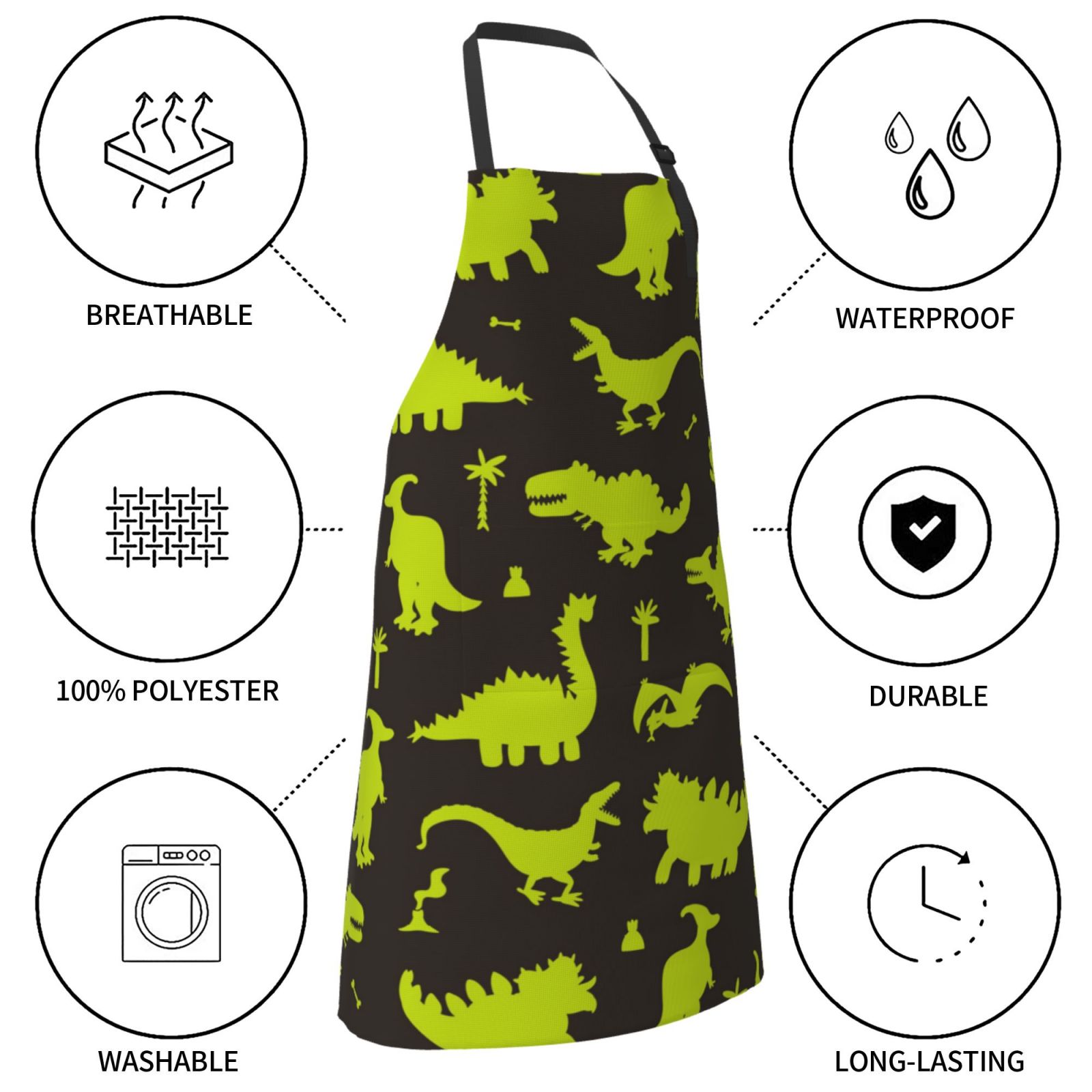 Kdxio Cute Cartoon Dinosaurs Green Silhouette Pattern Apron with Pockets Adjustable Kitchen Aprons for Men Women Waterproof Aprons for Cooking,Drawing,Crafting, Baking Household Cleaning