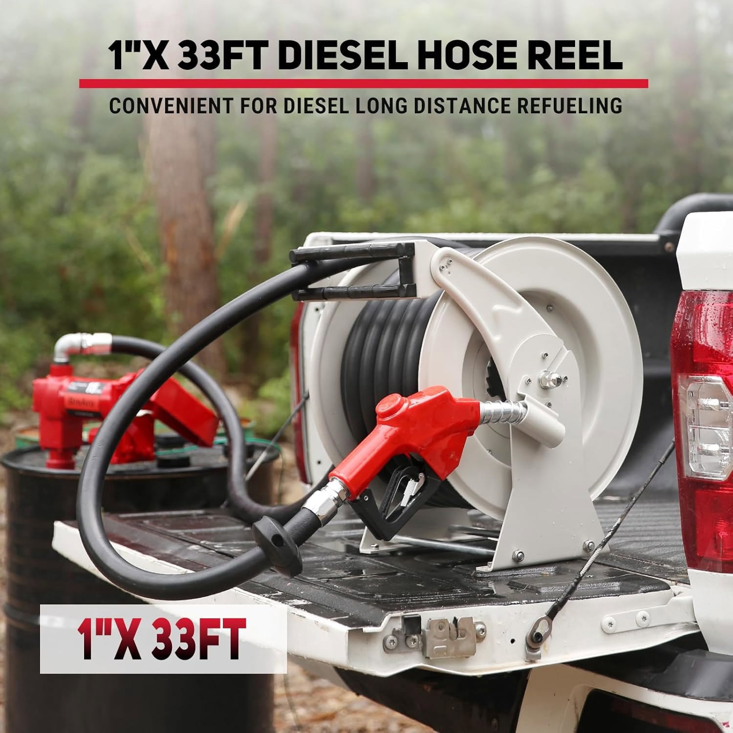 Fuel Hose Reel 1" x 33' Retractable with Fueling Nozzle Diesel Hose Reel 300 PSI Industrial Auto Swivel Heavy Duty Steel Construction for Farm Ship Vehicle Tank, Silver