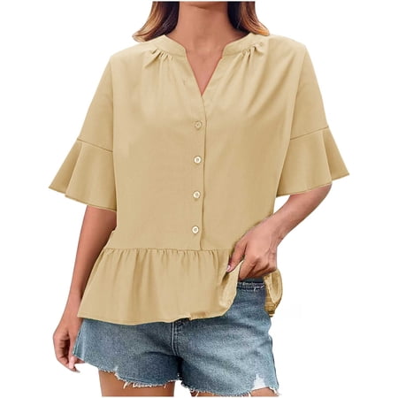TKLPEHG Women s Summer Ruffle Short Sleeve Tops Solid Color Loose Fit Button Shirt Casual Pleated V Neck Blouses (Yellow XL)