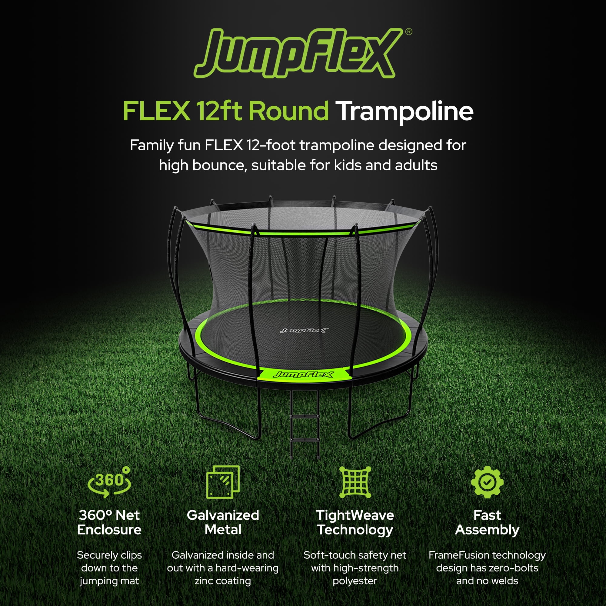 Jumpflex FLEX 12' Round Trampoline, Outdoor Play Equipment with PROJAM Basketball Hoop
