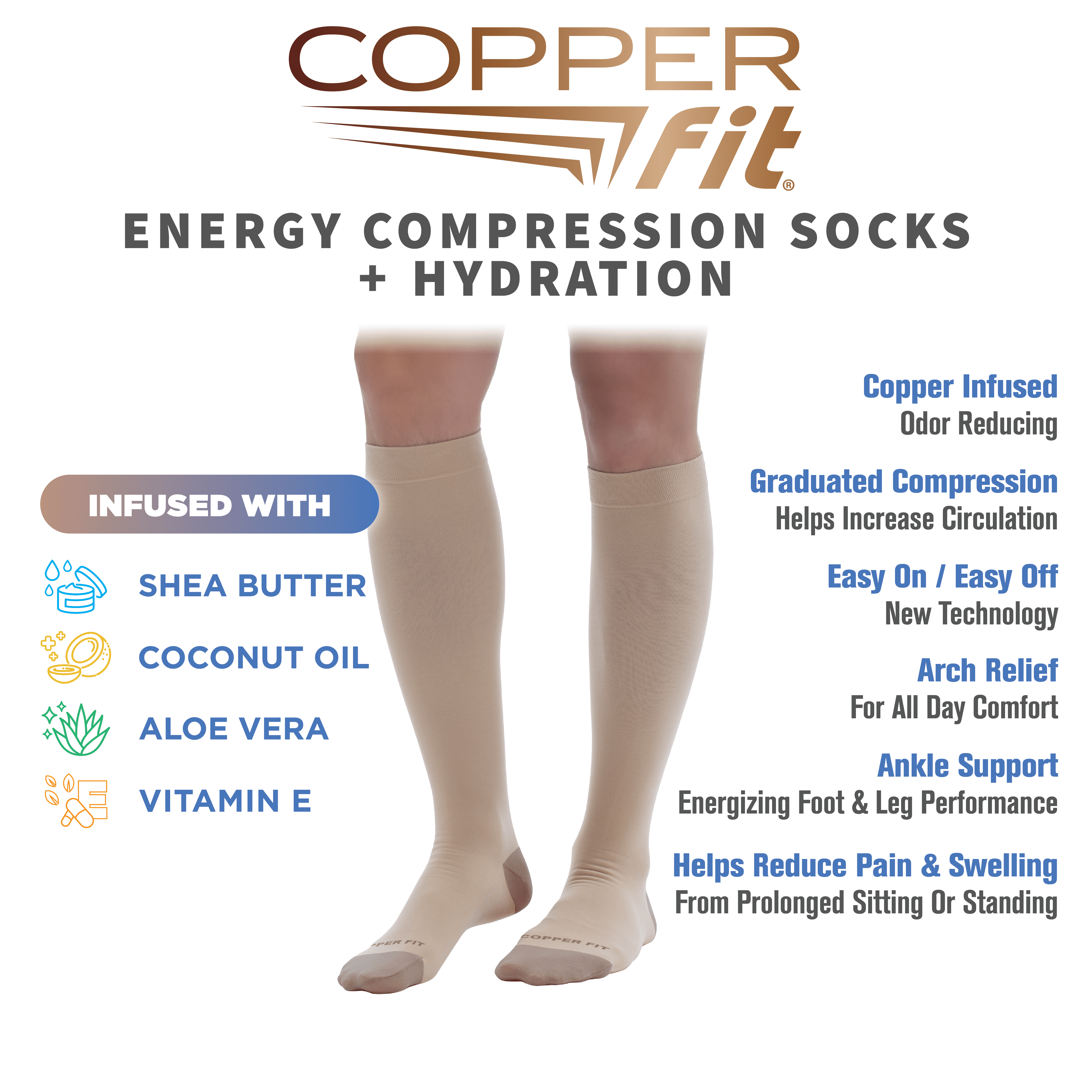 Copper Fit ENERGY Compression Socks, Silky-Soft, Hydration, Unisex Sizing, Beige, S/M