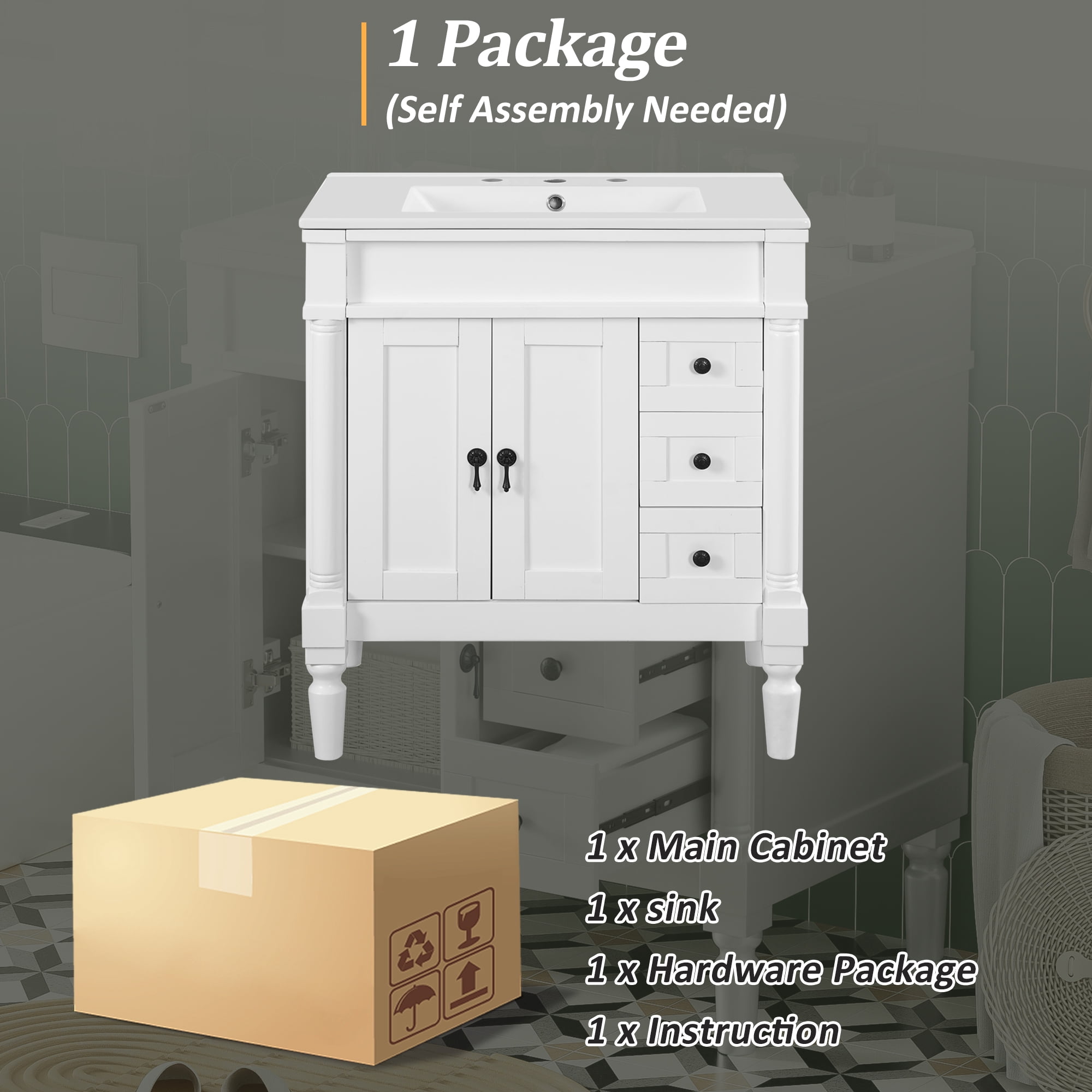 Euroco 30-Inch Modern Bathroom Vanity, Solid Wood Frame + MDF, 2 Doors 3 Drawers, Soft-Close Design, U-Shaped Adjustable Shelf, Ceramic Sink, Bathroom Storage Cabinet Set