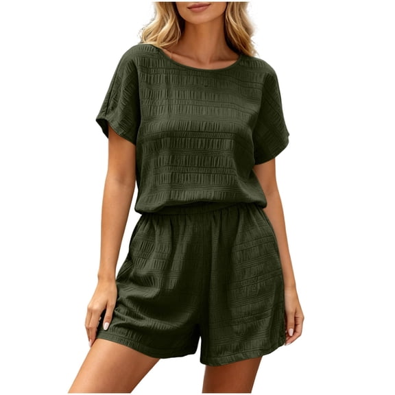Hurxie Women 2 Piece Shorts Set Casual Summer Cruise Outfits Ribbed Loose Short Sleeve Pocket Matching Lounge Sets Army Green,L