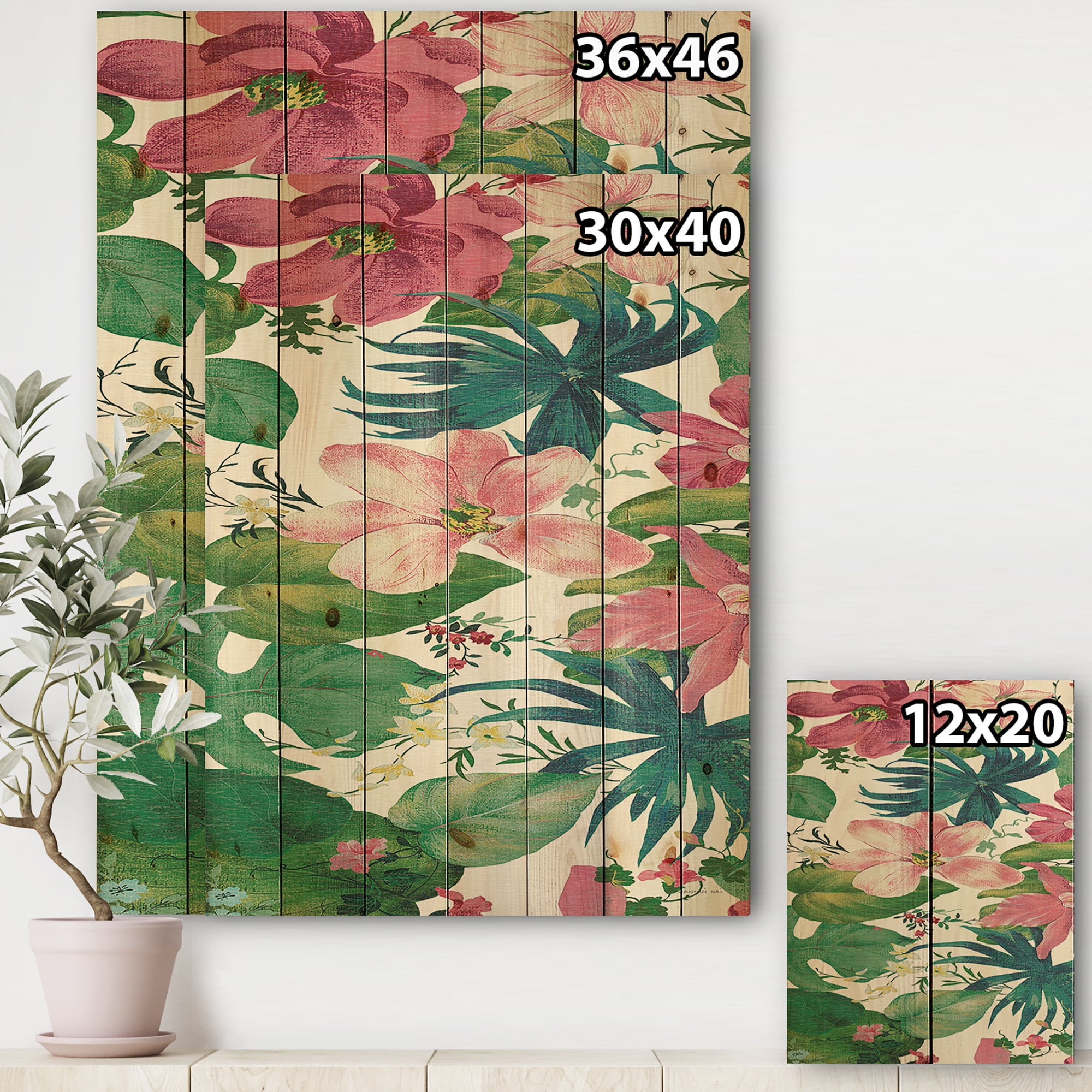 Designart 'Handpainted Pink Tropical Flowers' Cabin & Lodge Print on Natural Pine Wood