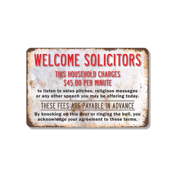 Welcome Solicitors Household Charges $45 Per Minute 8 Inch x 12 Inch Novelty Plastic Sign Durable UV Protected Perfect for Entryways Homes Fun Gag Gift for Friends Crafted in the USA
