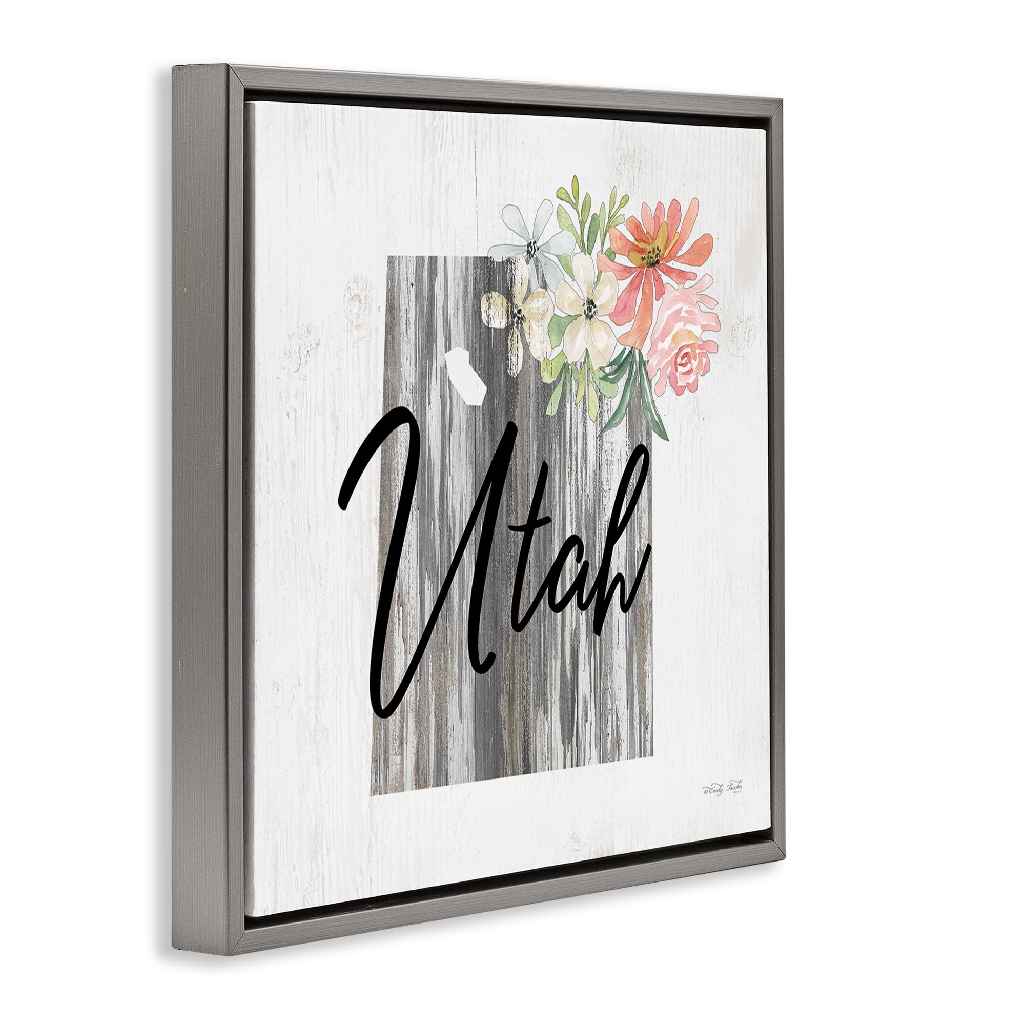 Stupell Industries Shabby Chic Utah Botanical & Floral Painting Gray Floater Framed Canvas Art Print Wall Art, 18 x 18