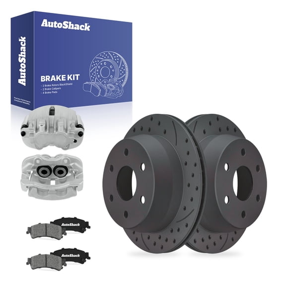 AutoShack Rear Brake Rotors, Ceramic Pads & Calipers for Chevrolet, Silverado 1500 2001 - Coated Drilled & Slotted - Black Matte Finish - BlackShield - 12.99" (330 mm), 6-Lug
