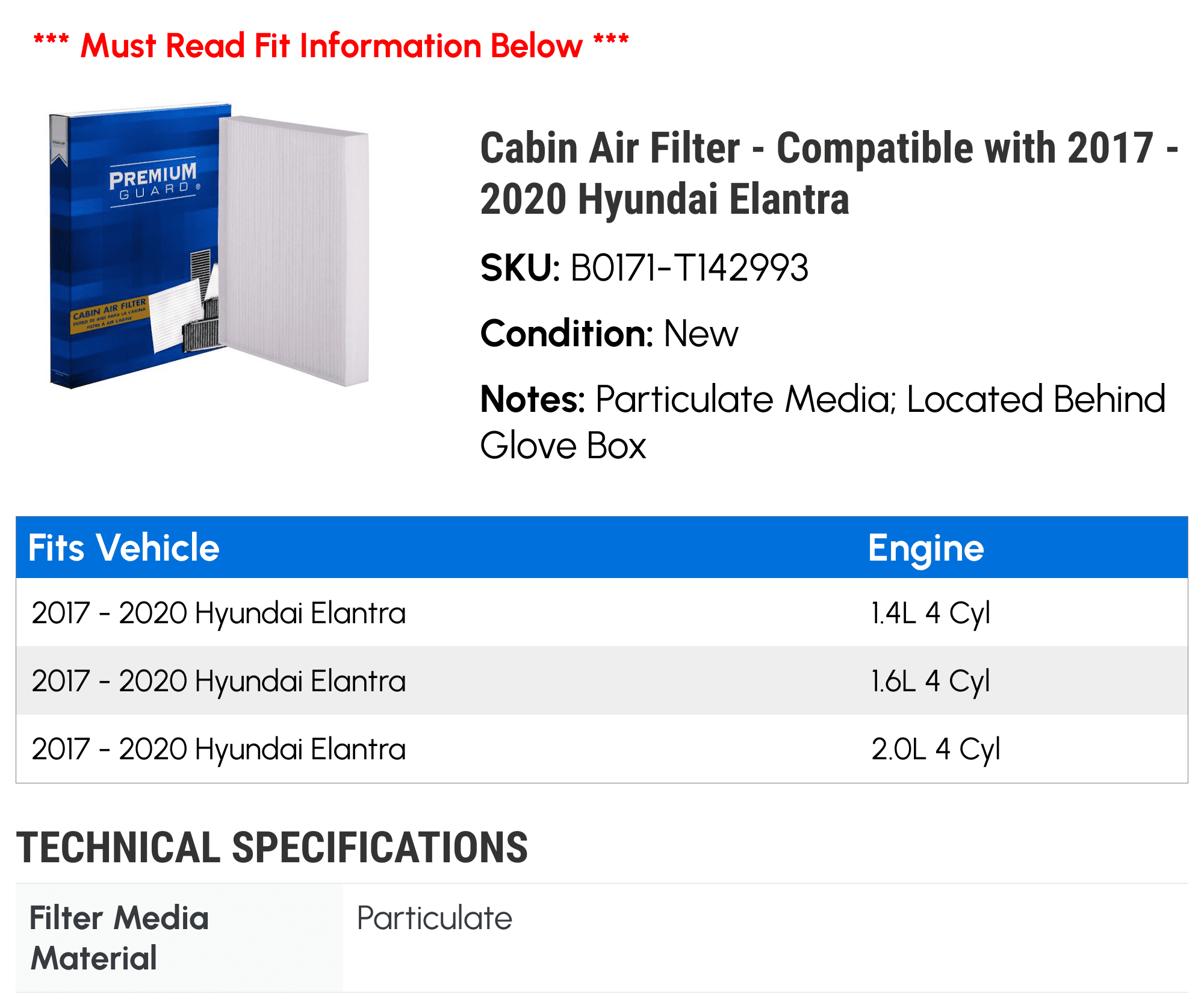 Cabin Air Filter - Compatible with 2017 - 2020 Hyundai Elantra 2018 2019