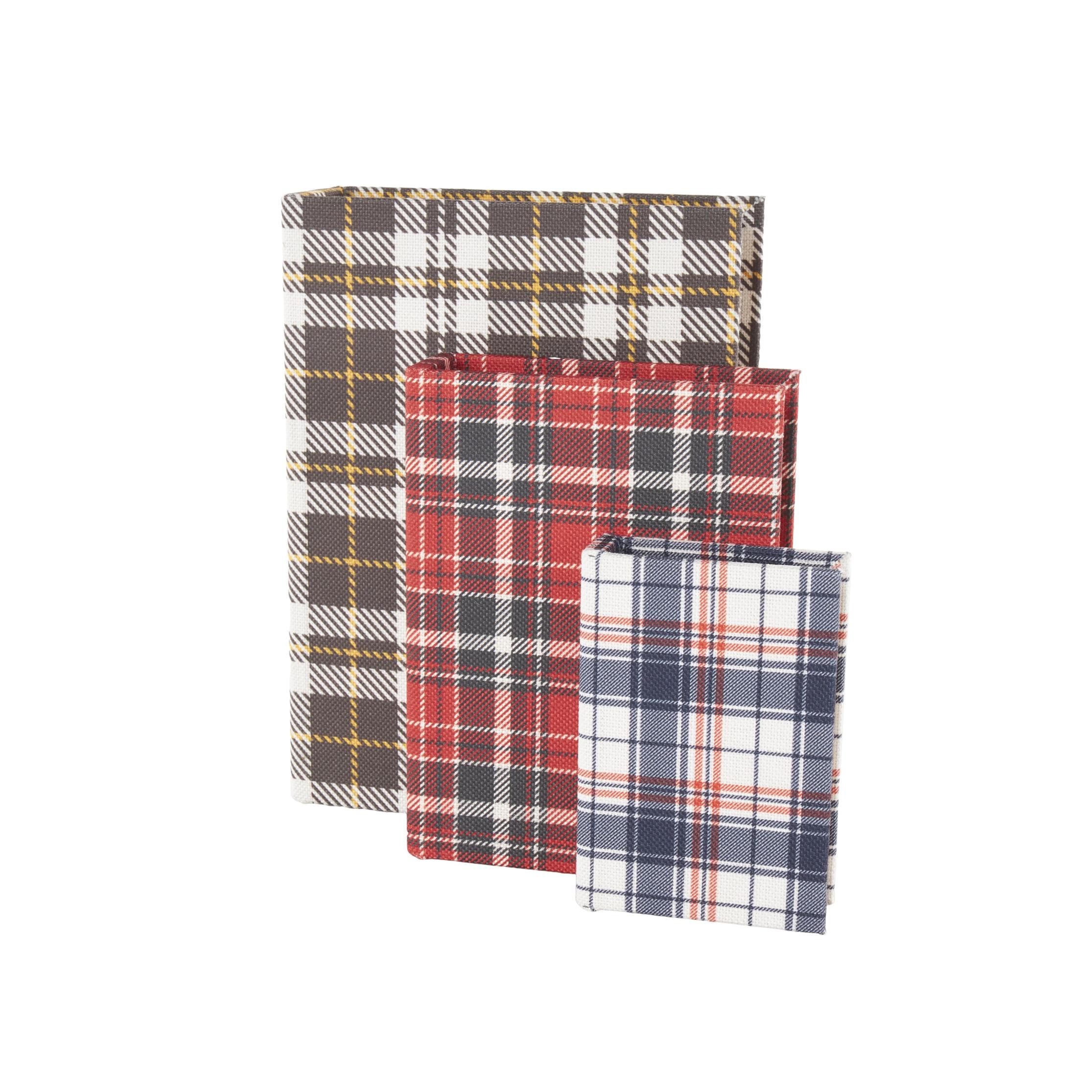 DecMode Geometric Plaid Faux Book Storage Multi Colored Canvas Decorative Box with Red and Blue Accents, 3 Count
