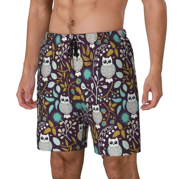 Cauagu Forest Cute Owl Print Mens Swim Trunks Quick Dry Board Shorts Swim Shorts with Compression Liner Bathing Suits-Medium