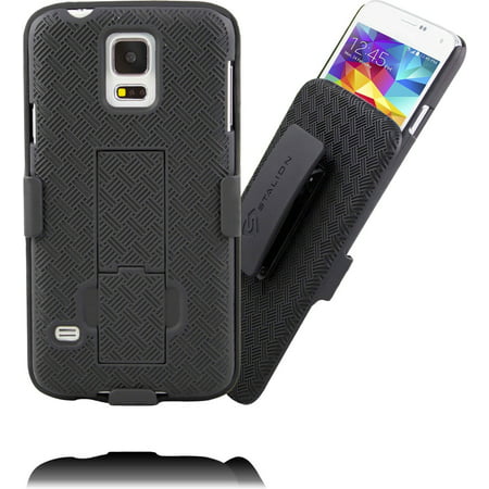 Galaxy S5 Holster: Stalion® Secure Shell Case & Belt Clip Combo with Kickstand (Jet Black) 180° Degree Rotating Locking Swivel + Shockproof
