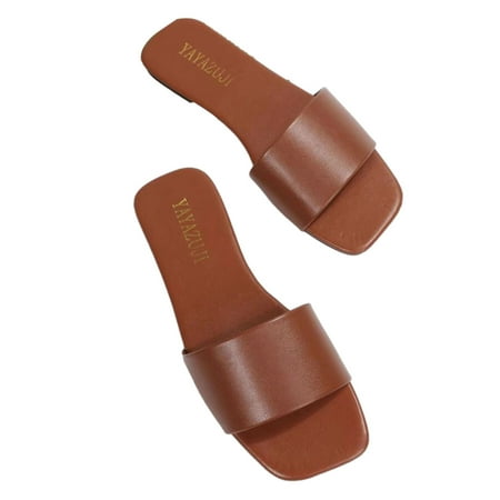 

TUOBARR Flat Slippers for Women Woman s Head One-line Sandals Solid Color Flat Slippers Color Everything Matching Sandals Brown