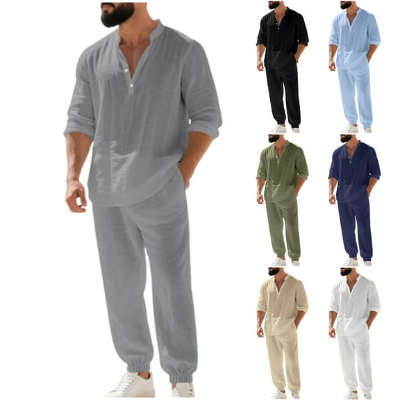 RYDCOT Men’s Linen Set 2 Pieces Long Sleeve Button Shirts Casual Drawstring Elastic Waistband Pants Summer Beach Outfits White