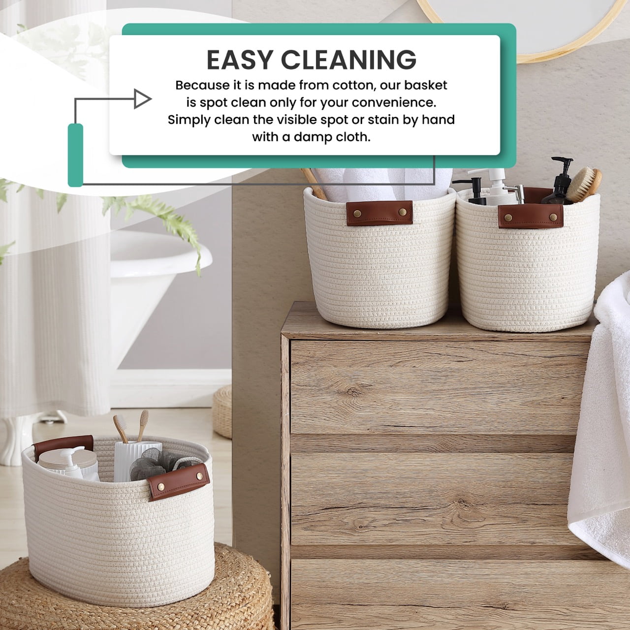 3 Pack Woven Cotton Rope Shelf Storage Basket with Leather Handles, Baby Nursery Storage Bin Organizers, Closet Shelf Storage - 15 x 10 x 9