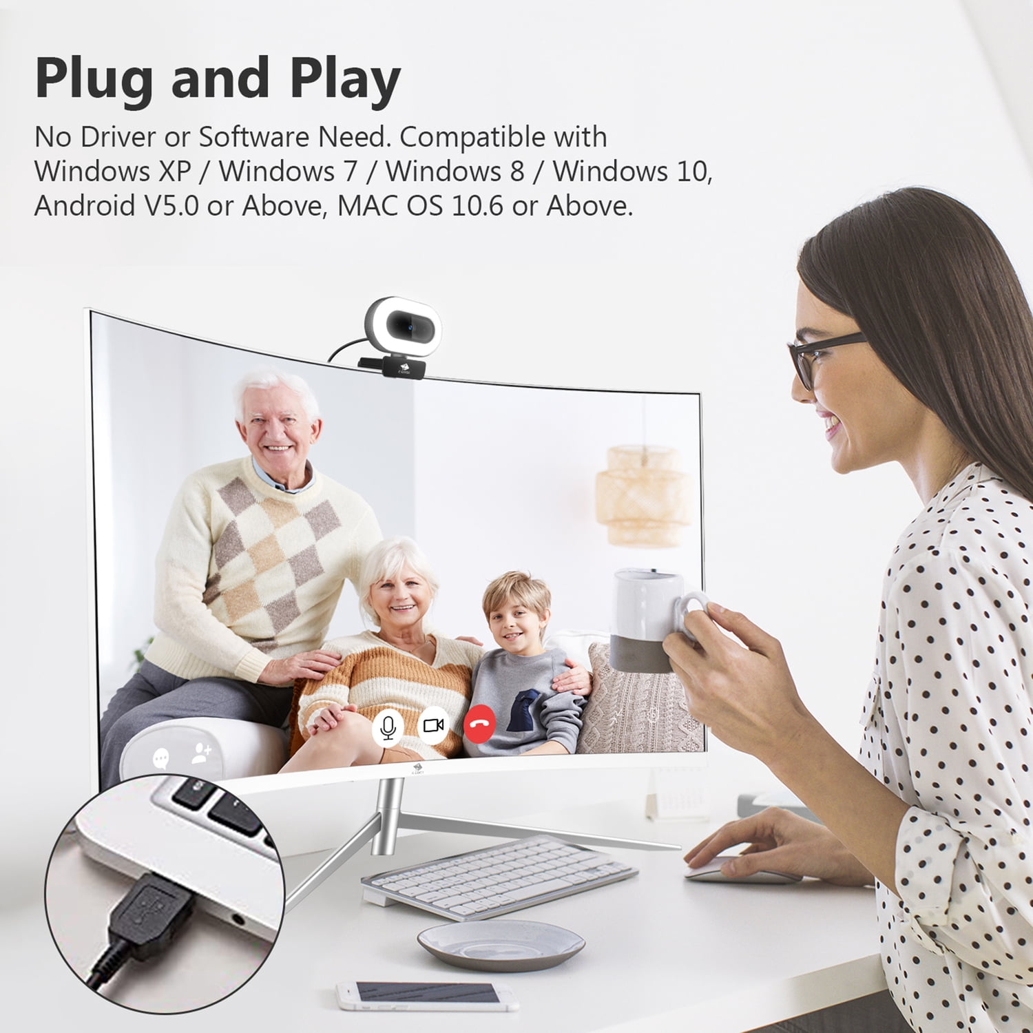 Z-EDGE QHD 2K 5.0-MP Auto-Focus Webcam and Ring Light with Stereo Sound and Noise-Reduction Microphone, ZW560S, ZW560S