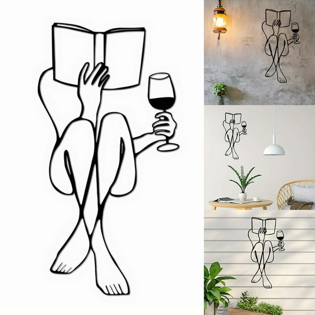 Silueta Femenina Moderna Arte Pared Mujer Leyendo Libro Bebiendo Vino