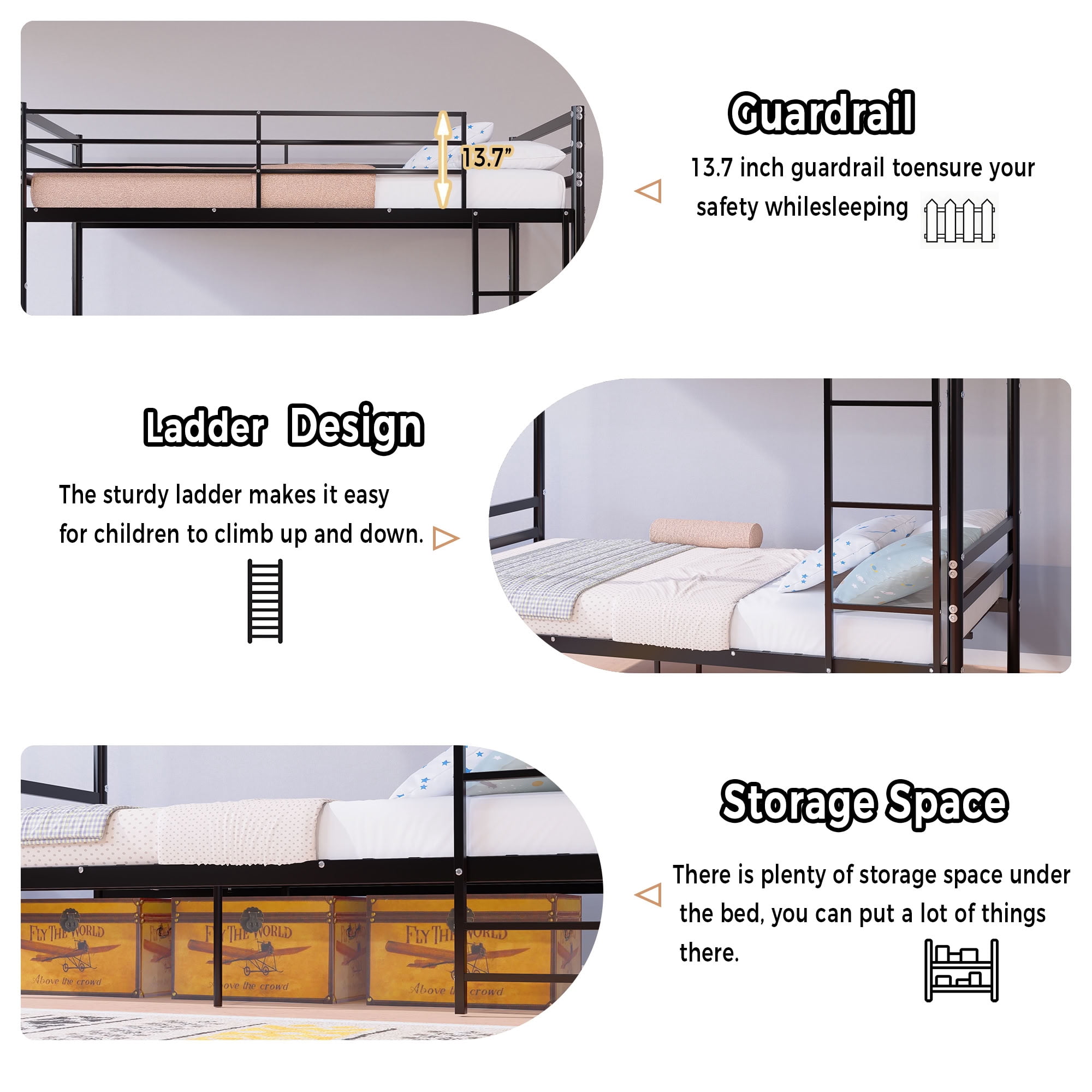 MAYEERTY Twin Over Twin Metal Bunk Bed, Heavy Duty Frame with Ladder and Guardrail for Kids Adults, Black