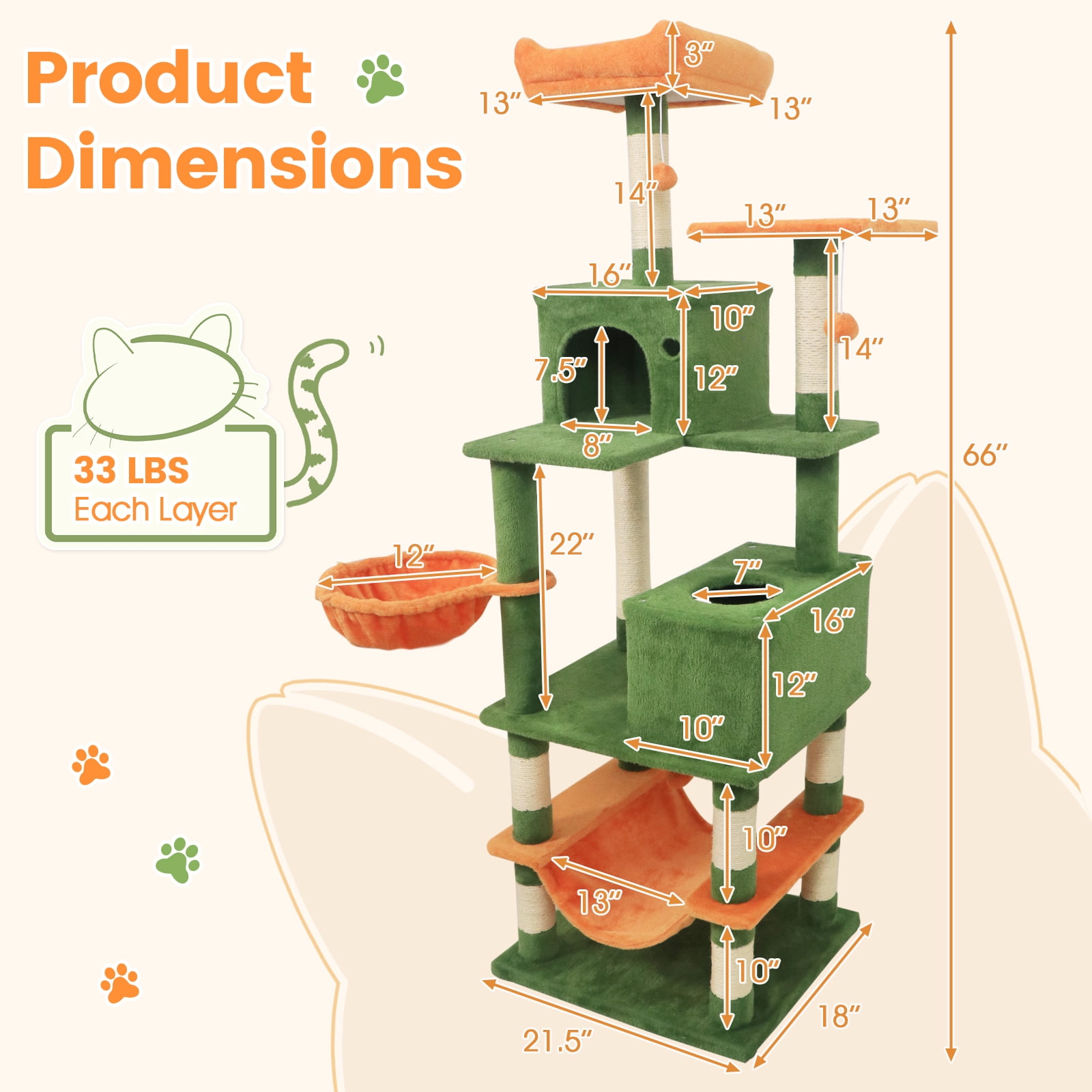 Gymax 66'' Tall Cat Tree w/2 Condos Sisal Scratching Posts Plush Perch Hammock Basket