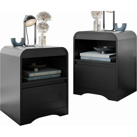 Night Stand Set of 2 Black Nightstands with Drawer and Open Shelf, Wide Wood Nightstand and Night Table for Bedroom, Living Room, Sofa, or Office, Modern Night Stand with Curved Edge Design