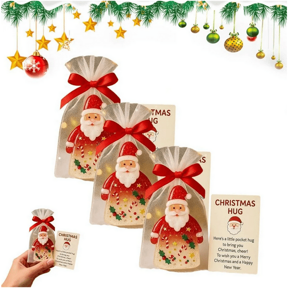Little Pocket Christmas Hug with Card, Santa Hug Blessing Celebration Decoration, Unique 2025 Gifts for Him Her Boyfriend Girlfriend, with Heartfelt Holiday Cards Organza Bags for Xmas Decor 6PC