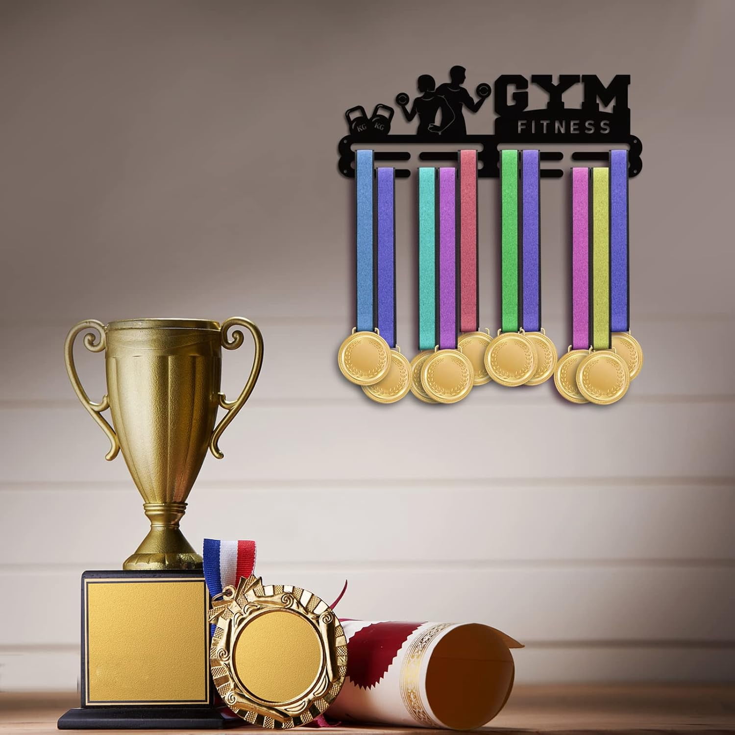 Fitness Medal Hanger Award Display Holders Tiered Sport Award Rack Wall Mount Metal Frame Celebration Award Ribbon Hanger for Over 50 Medals Necklace Jewelry 40x15cm/15.7x5.9inch