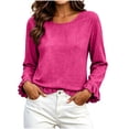 thumbnail image 4 of Womens Flounce Sleeve Blouses Fall Crew Neck Loose Fit Elegant Casual Long Ruffle Sleeve Office Shirt Hot Pink 2XL, 4 of 7