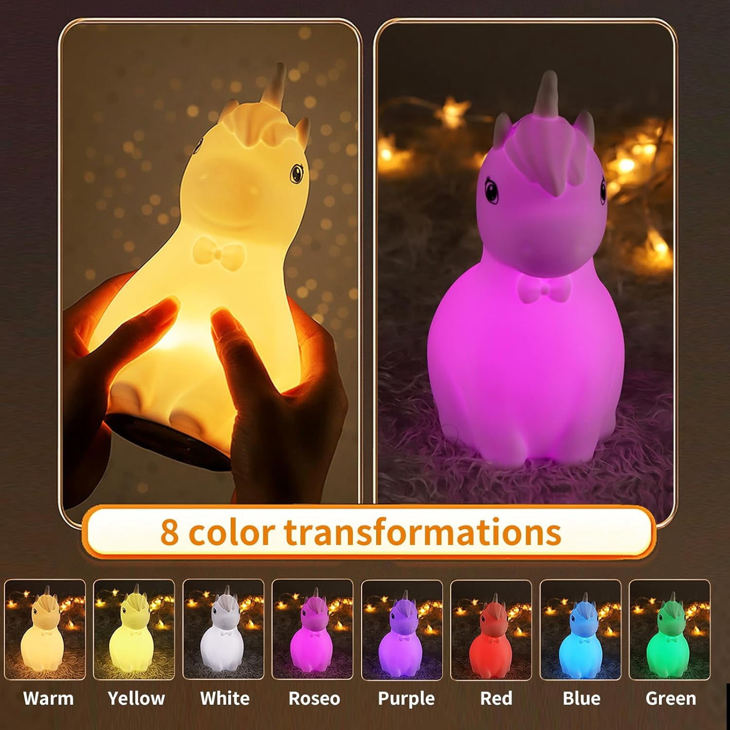 Silicone Night Light ，Unicorn Lights for Girls Bedroom, 8-Color Breathing Modes，Touch Sensor Control Rechargeable Cute Night Lights for Kids Toddler Baby Girls