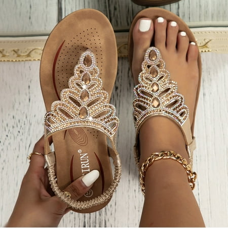 

Sandals For Women Comfort With Elastic Ankle Strap Casual Bohemian Beach Shoes Fashion Rhinestone Decor Scallop Trim Thong Sandals Rose Gold 8(40)