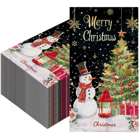 100-Count Christmas Paper Napkins, Snowman & Tree Printed Dinner Serviettes for Party