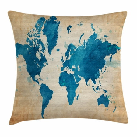 - Map Throw Pillow Cushion Cover, Artistic Vintage World Map with Watercolor Brushstrokes on Old Backdrop Print, Decorative Square Accent Pillow Case, 18 X 18 Inches, Navy Blue Sand Brown, by Ambesonne