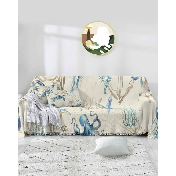 Nautical Coastal Sofa Covers for 3 Cushion Couch,Washable Sectional & L Shape Couch Covers for Dog/Cat/Kids,Turtle Octopus Jellyfish Starfish Blue Beige Non Slip Sofa Slipcover Futon Cover 71x150