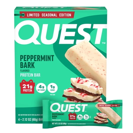 Quest Protein Bar, Limited Seasonal Edition, Peppermint Bark, 21g Protein, Gluten Free, 4 Count